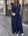 Solid Color V-neck Waist Dress
