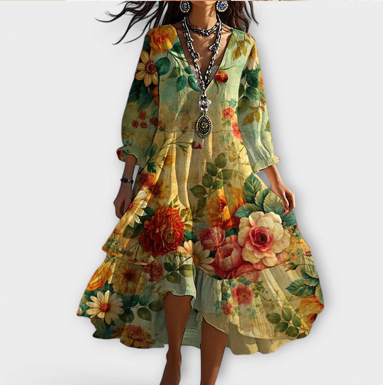 Elegant Floral Midi Dress with Flattering V-Neckline