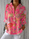 Tropical Floral Blouse with Open V-Neckline