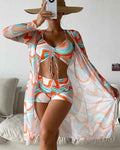 Three-Piece Printed Bikini Set in Vibrant Orange