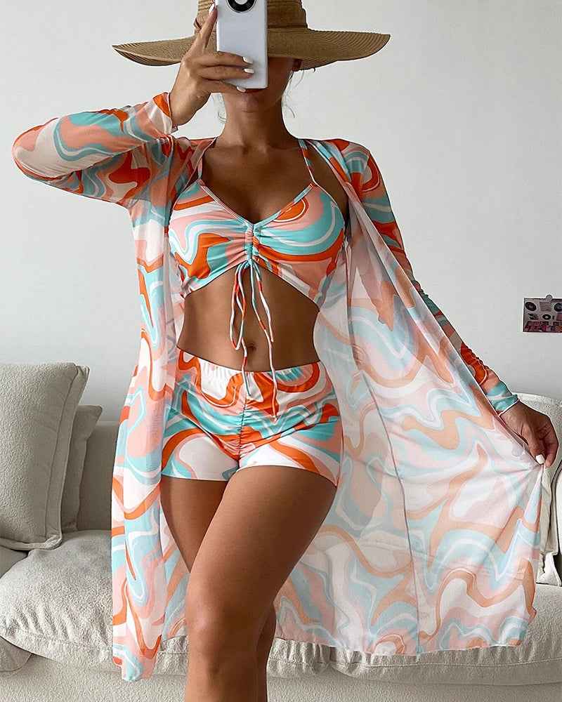 Three-Piece Printed Bikini Set in Vibrant Orange