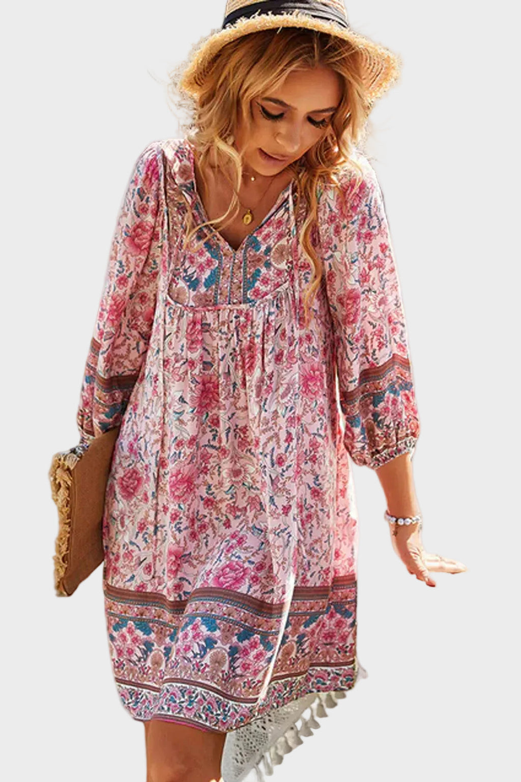 Boho Mini Tunic Dress in Vintage Pink Rose