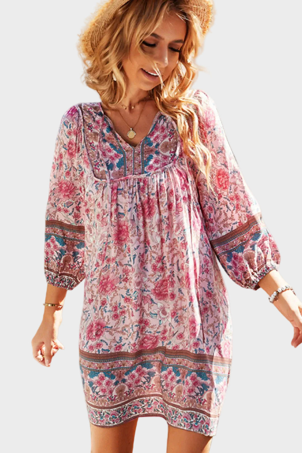 Boho Mini Tunic Dress in Vintage Pink Rose