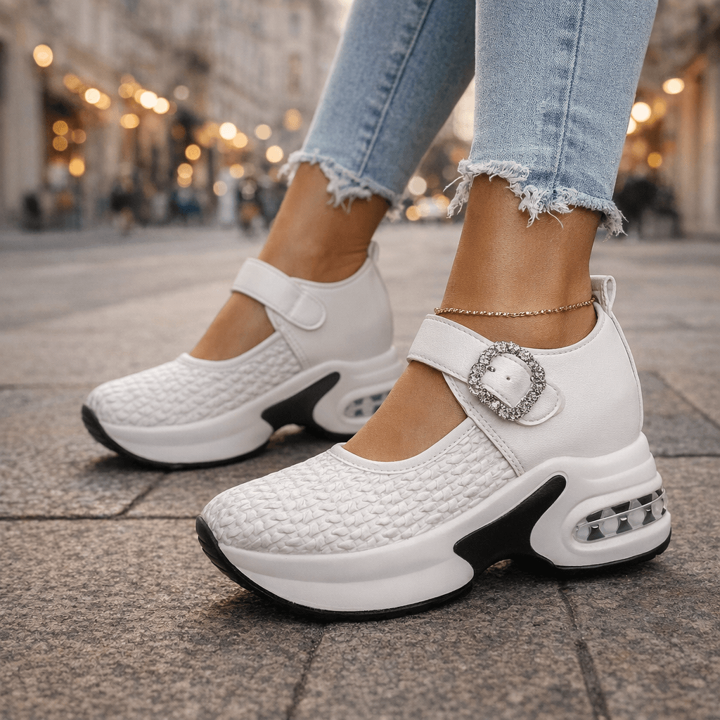 Amira Charm Platform Sneakers with Crystal Buckle Strap and Woven Textured Upper