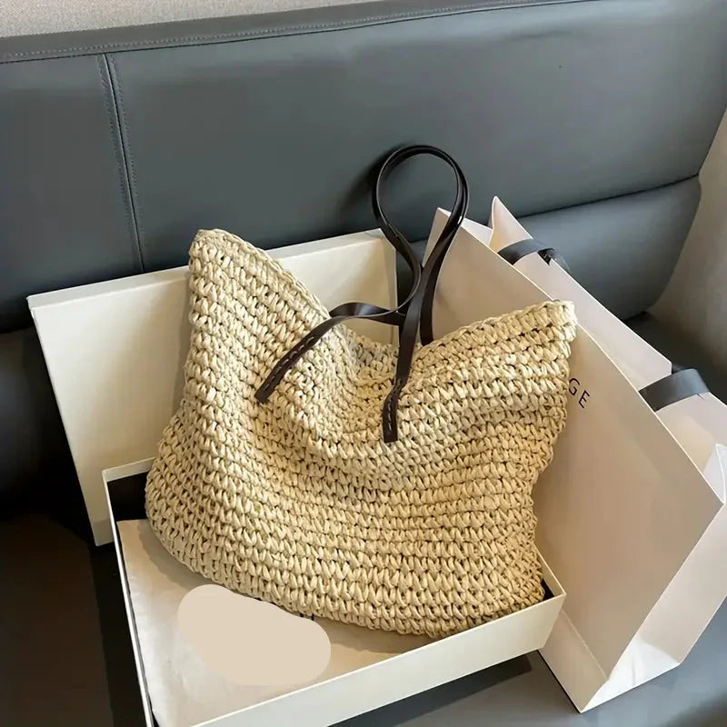 Oversized Woven Straw Tote Bag for Summer Beach & Travel