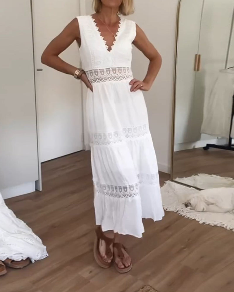 Elegant Lace Midi Dress with Flattering V-Neckline