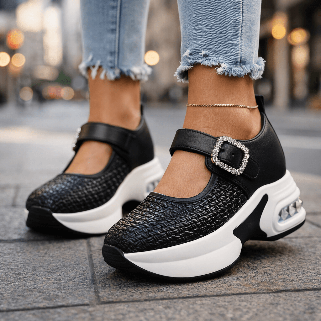 Amira Charm Platform Sneakers with Crystal Buckle Strap and Woven Textured Upper