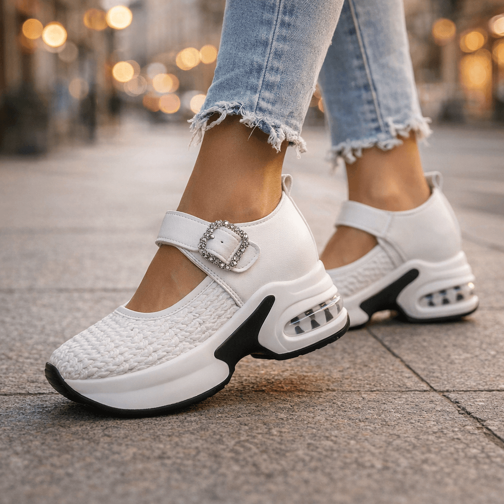 Amira Charm Platform Sneakers with Crystal Buckle Strap and Woven Textured Upper