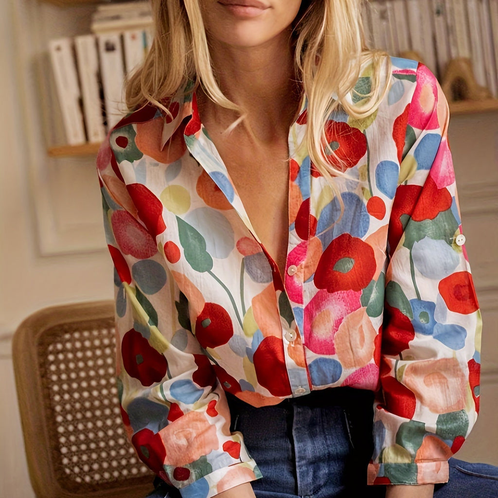 Floral Long Sleeve Button Down Blouse in Red & Pink Blooms