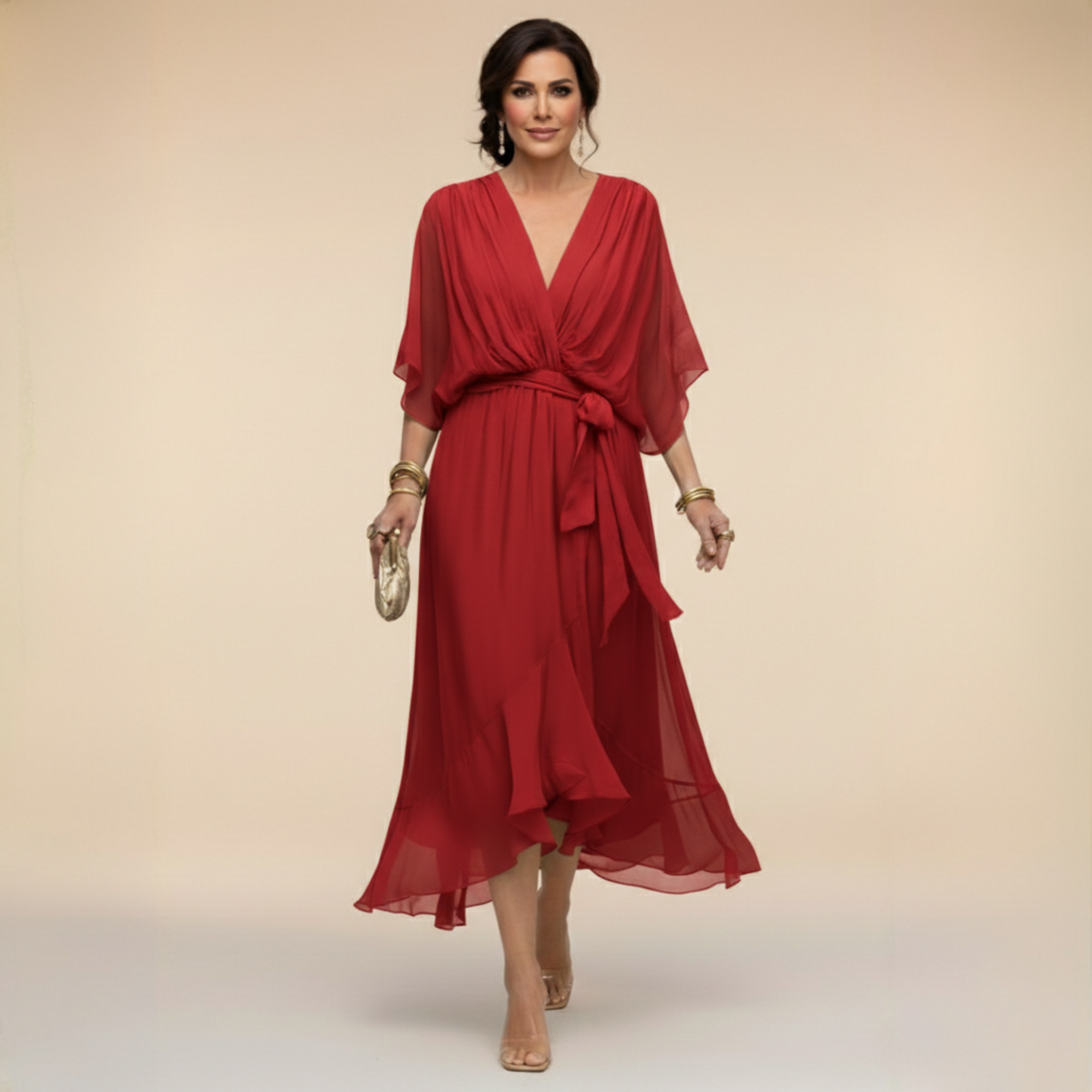 Sarah Sandra Chiffon V-Neck Dress - Flowing Maxi Dress for Women - Elegant Floor-Length Style