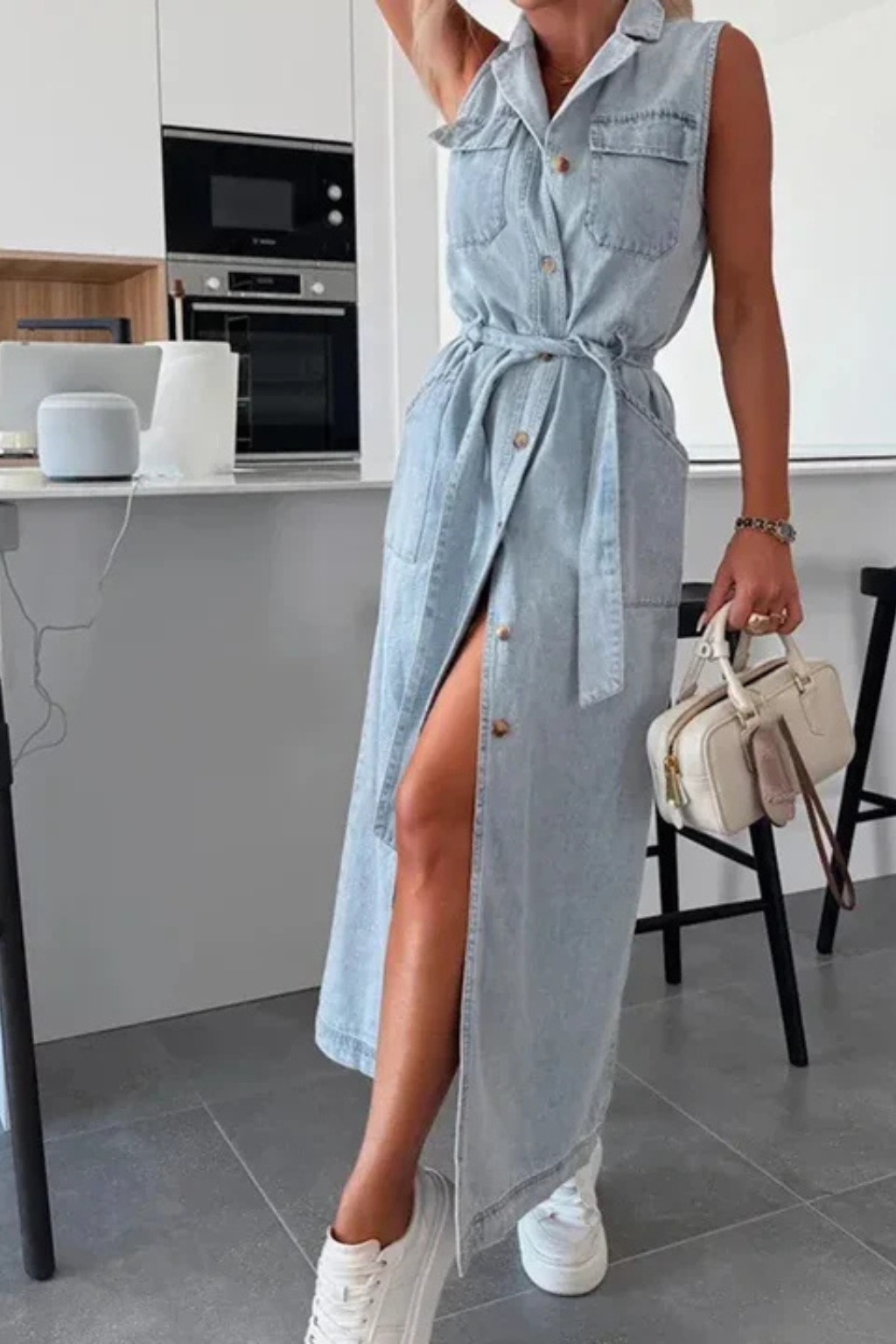 Sleeveless Belted Button-Down Denim Maxi Dress with Front Split