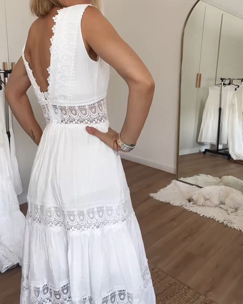 Elegant Lace Midi Dress with Flattering V-Neckline