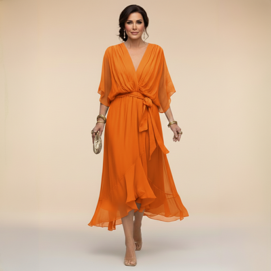 Sarah Sandra Chiffon V-Neck Dress - Flowing Maxi Dress for Women - Elegant Floor-Length Style