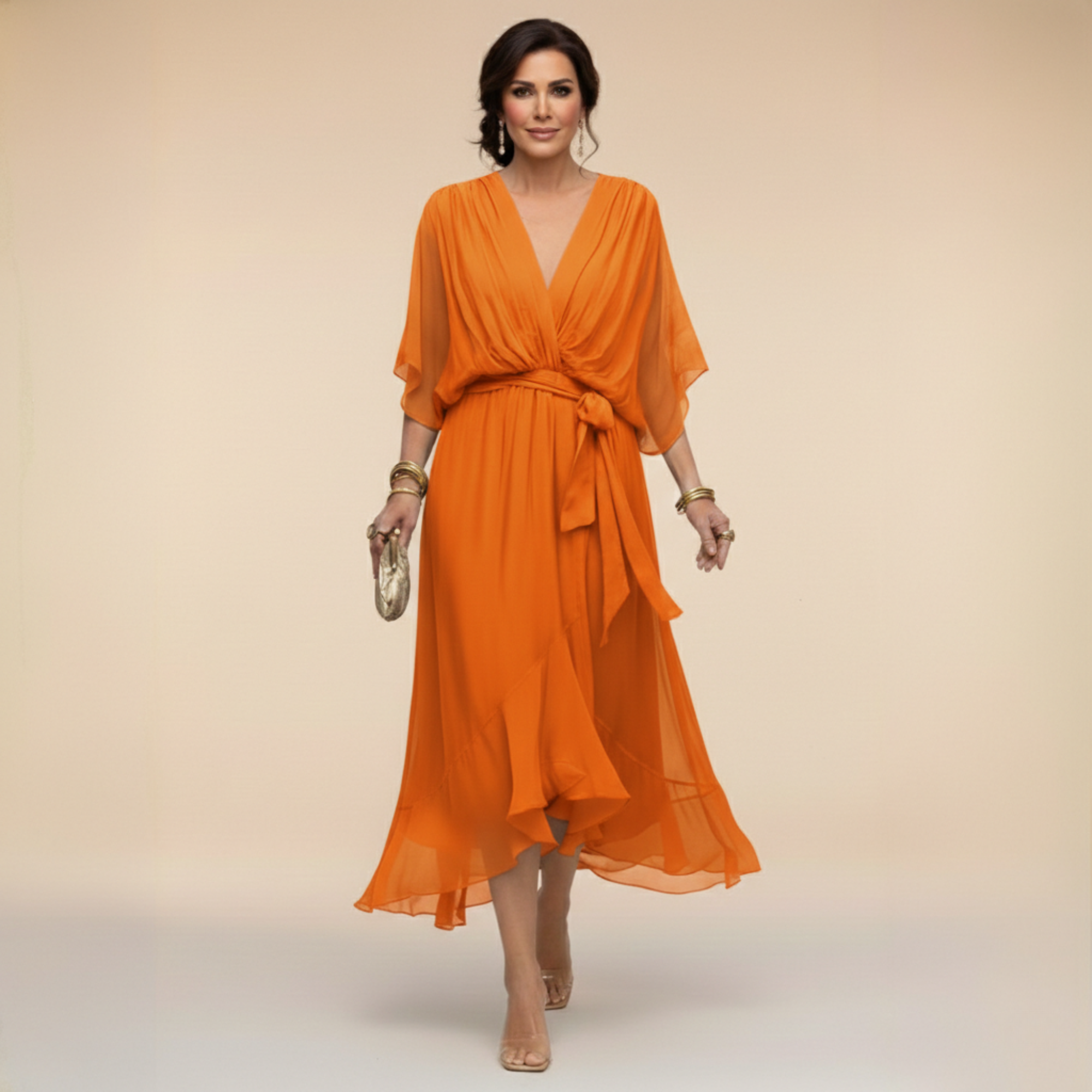 Sarah Sandra Chiffon V-Neck Dress - Flowing Maxi Dress for Women - Elegant Floor-Length Style