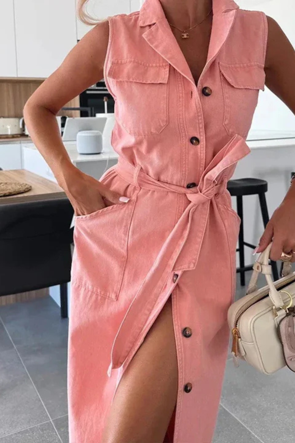 Sleeveless Belted Button-Down Denim Maxi Dress with Front Split