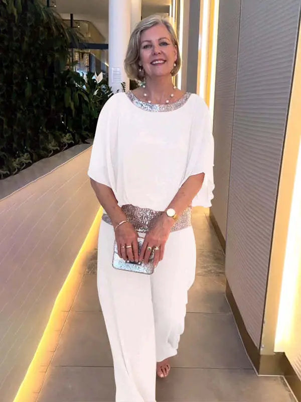 Elegant Two-Piece Wide-Leg Pants Set with Sequin Details