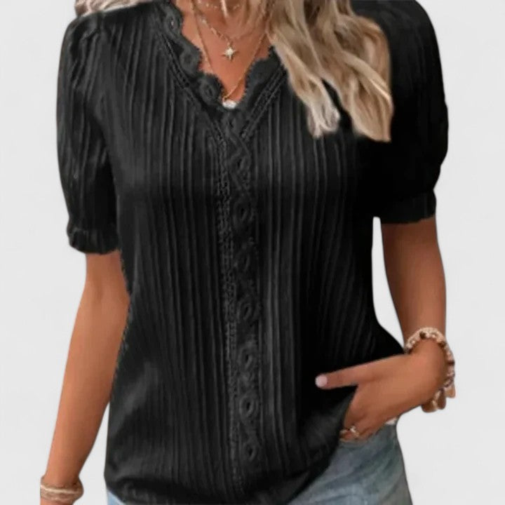 Elegant V-Neck Blouse with Modern Splice Detail