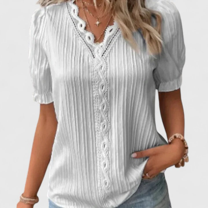 Elegant V-Neck Blouse with Modern Splice Detail