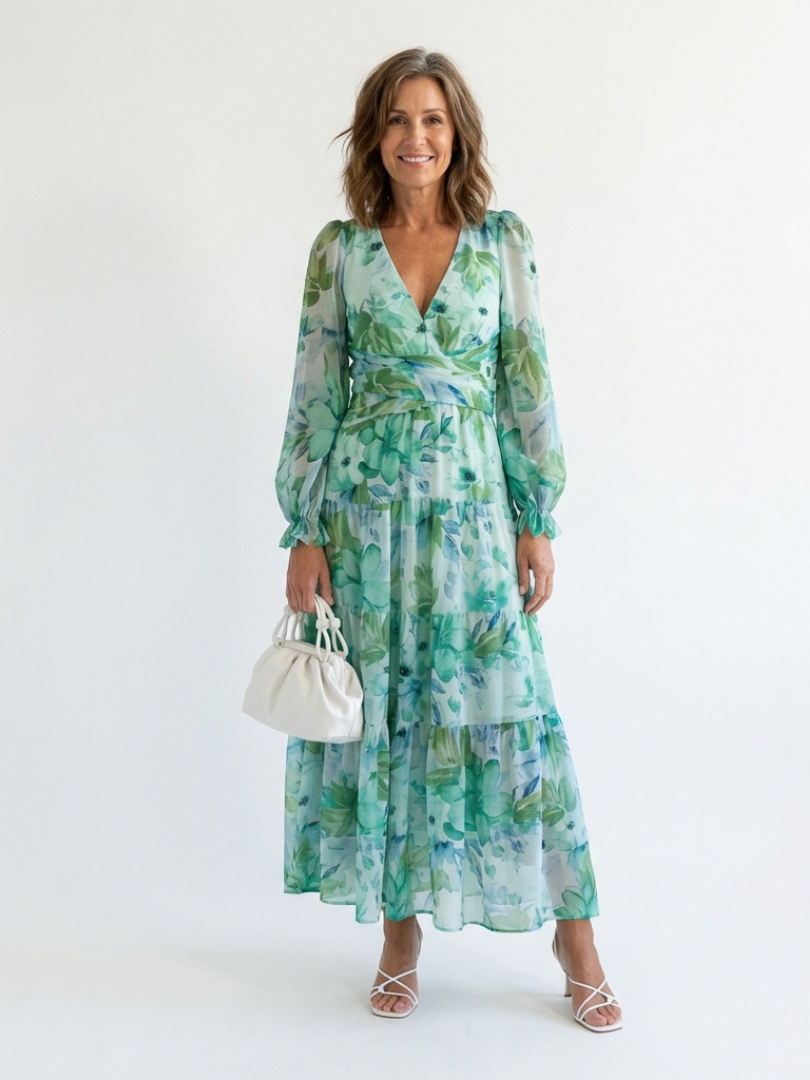 Flowing Floral Maxi Dress with Graceful Long Sleeves