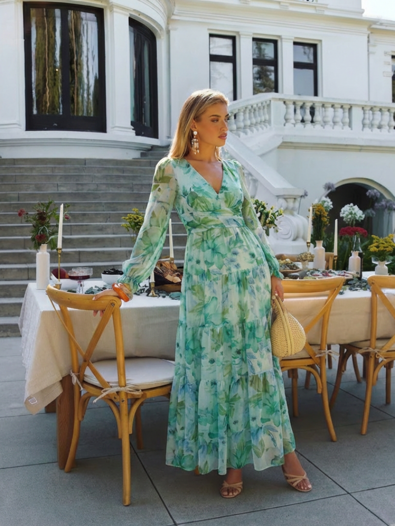 Flowing Floral Maxi Dress with Graceful Long Sleeves