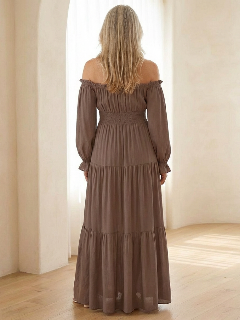Off Shoulder Smocked Maxi Dress - Flowing Elegance