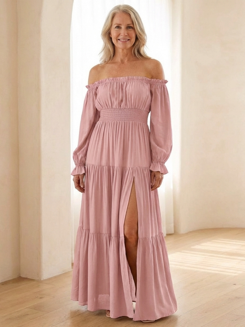 Off Shoulder Smocked Maxi Dress - Flowing Elegance