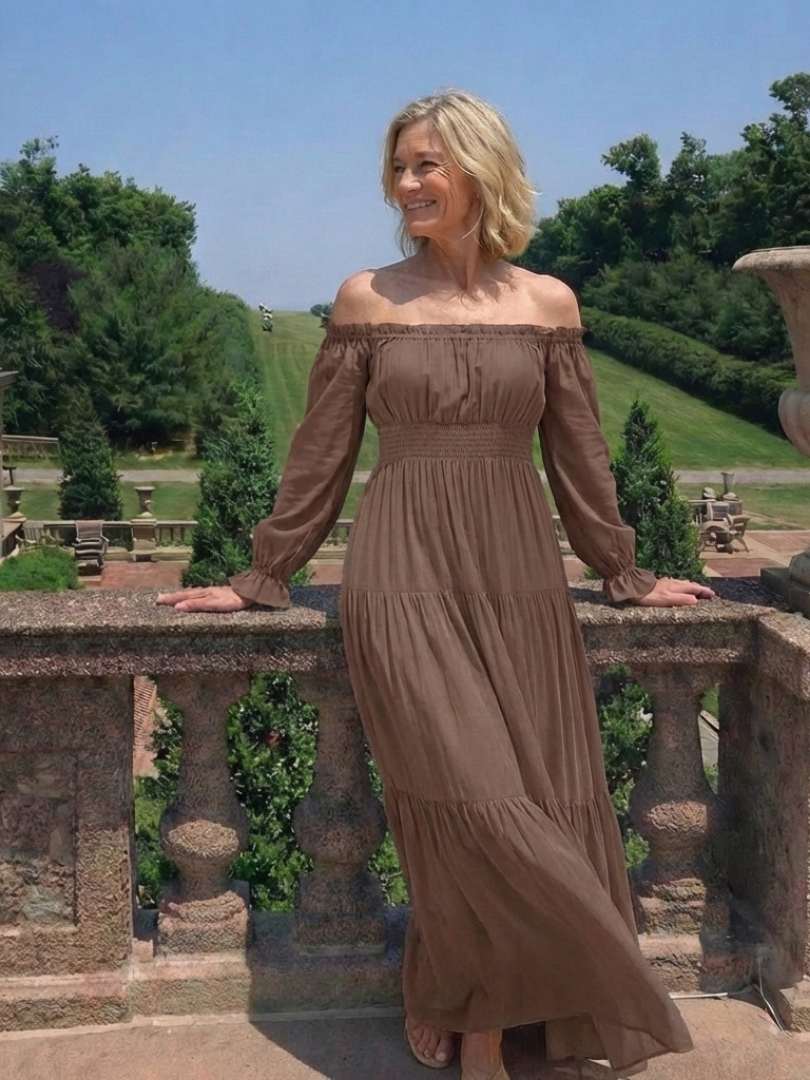 Off Shoulder Smocked Maxi Dress - Flowing Elegance