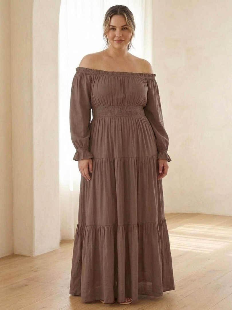 Off Shoulder Smocked Maxi Dress - Flowing Elegance