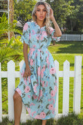Boho Ruffle Maxi Dress with Pleated Floral Print