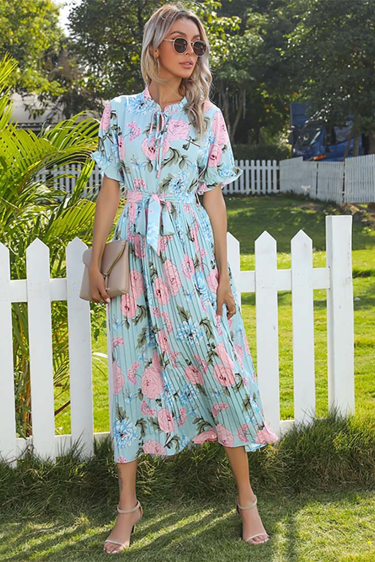 Boho Ruffle Maxi Dress with Pleated Floral Print
