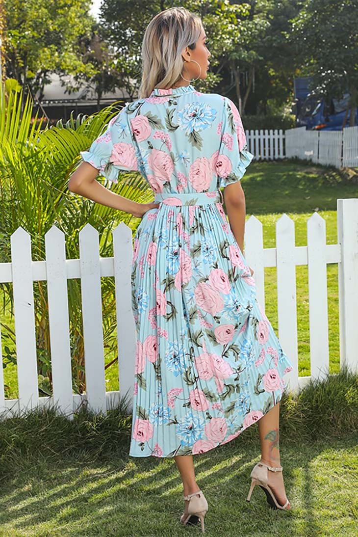 Boho Ruffle Maxi Dress with Pleated Floral Print
