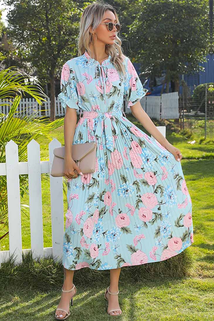 Boho Ruffle Maxi Dress with Pleated Floral Print