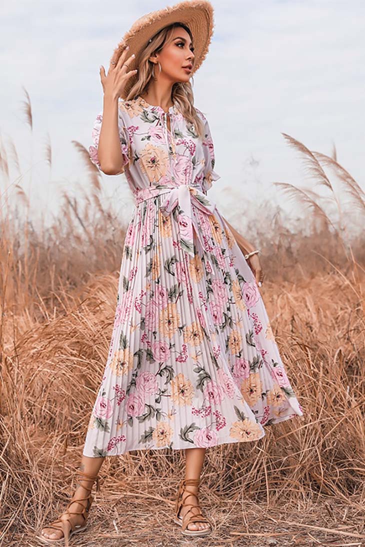 Boho Ruffle Maxi Dress with Pleated Floral Print