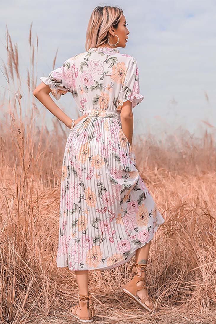 Boho Ruffle Maxi Dress with Pleated Floral Print