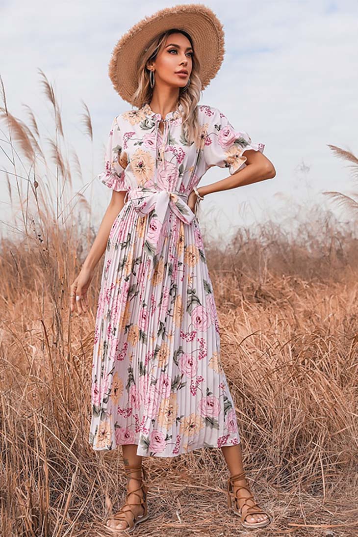 Boho Ruffle Maxi Dress with Pleated Floral Print