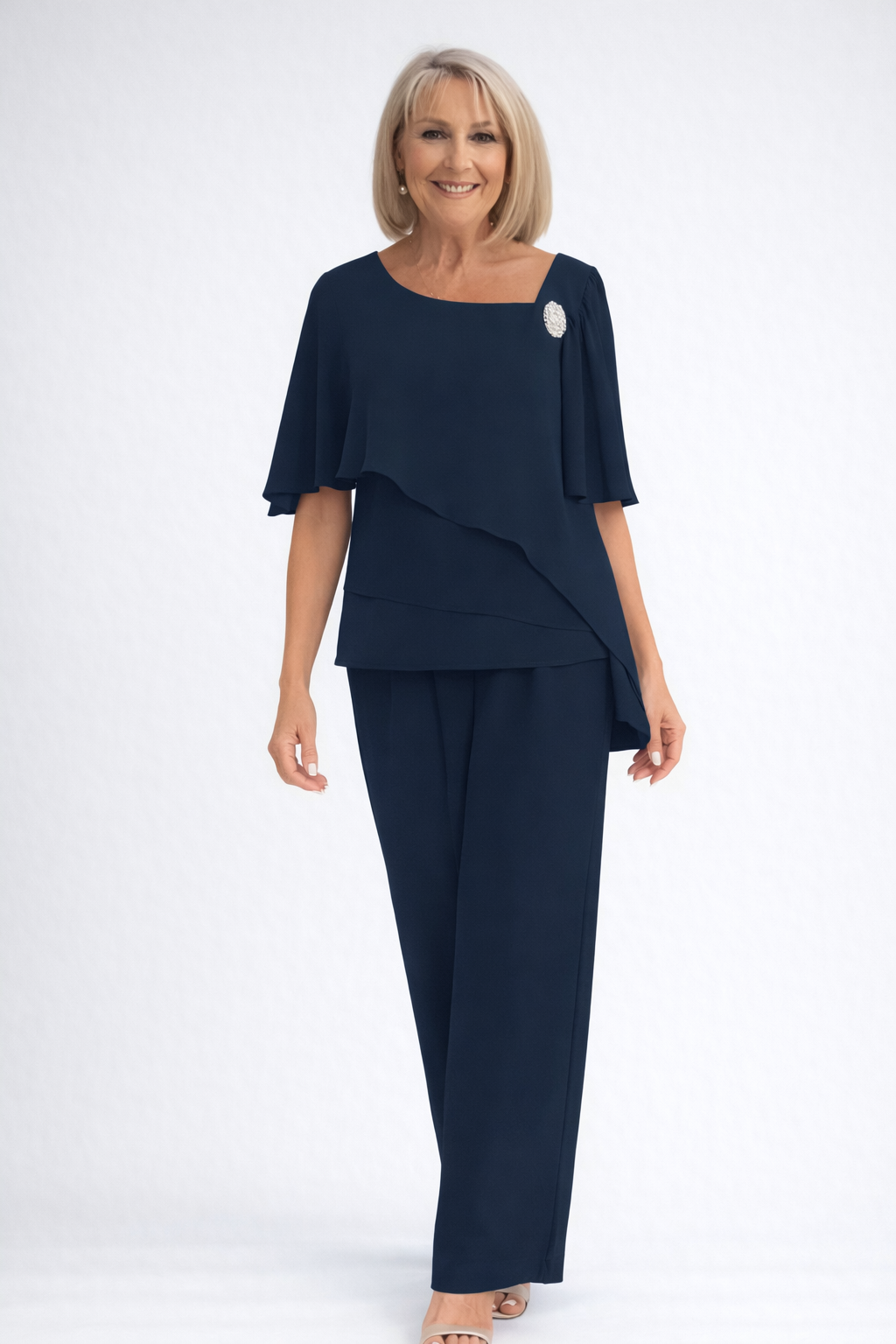 Navy Overlay Two-Piece Set With Straight-Leg Pants