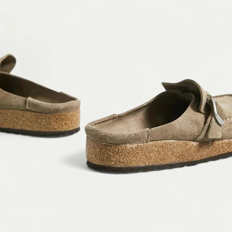 Women's Comfort Suede Mules with Buckle Detail