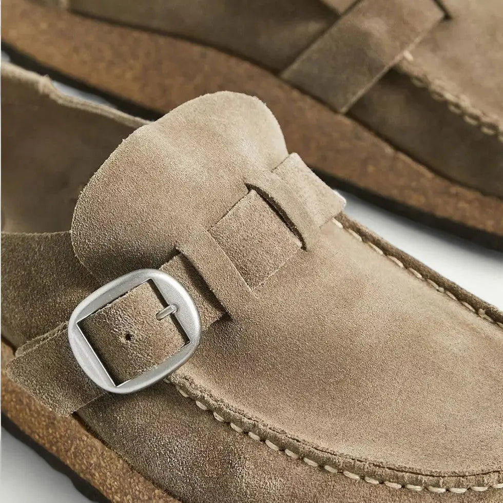 Women's Comfort Suede Mules with Buckle Detail