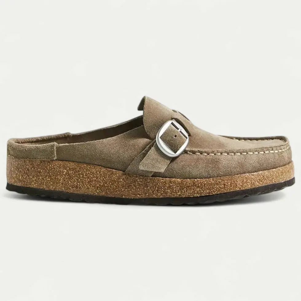 Women's Comfort Suede Mules with Buckle Detail
