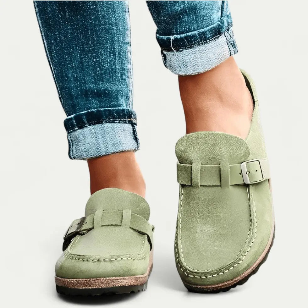Women's Comfort Suede Mules with Buckle Detail