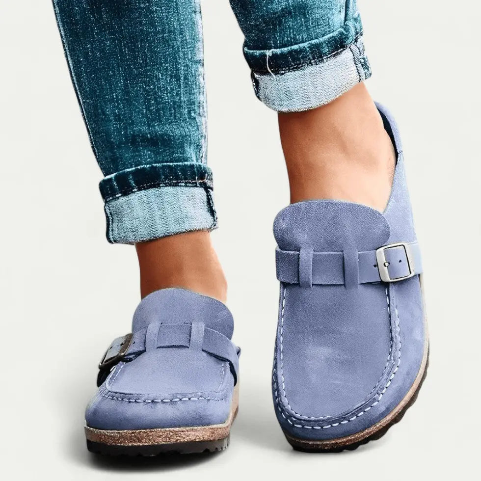 Women's Comfort Suede Mules with Buckle Detail