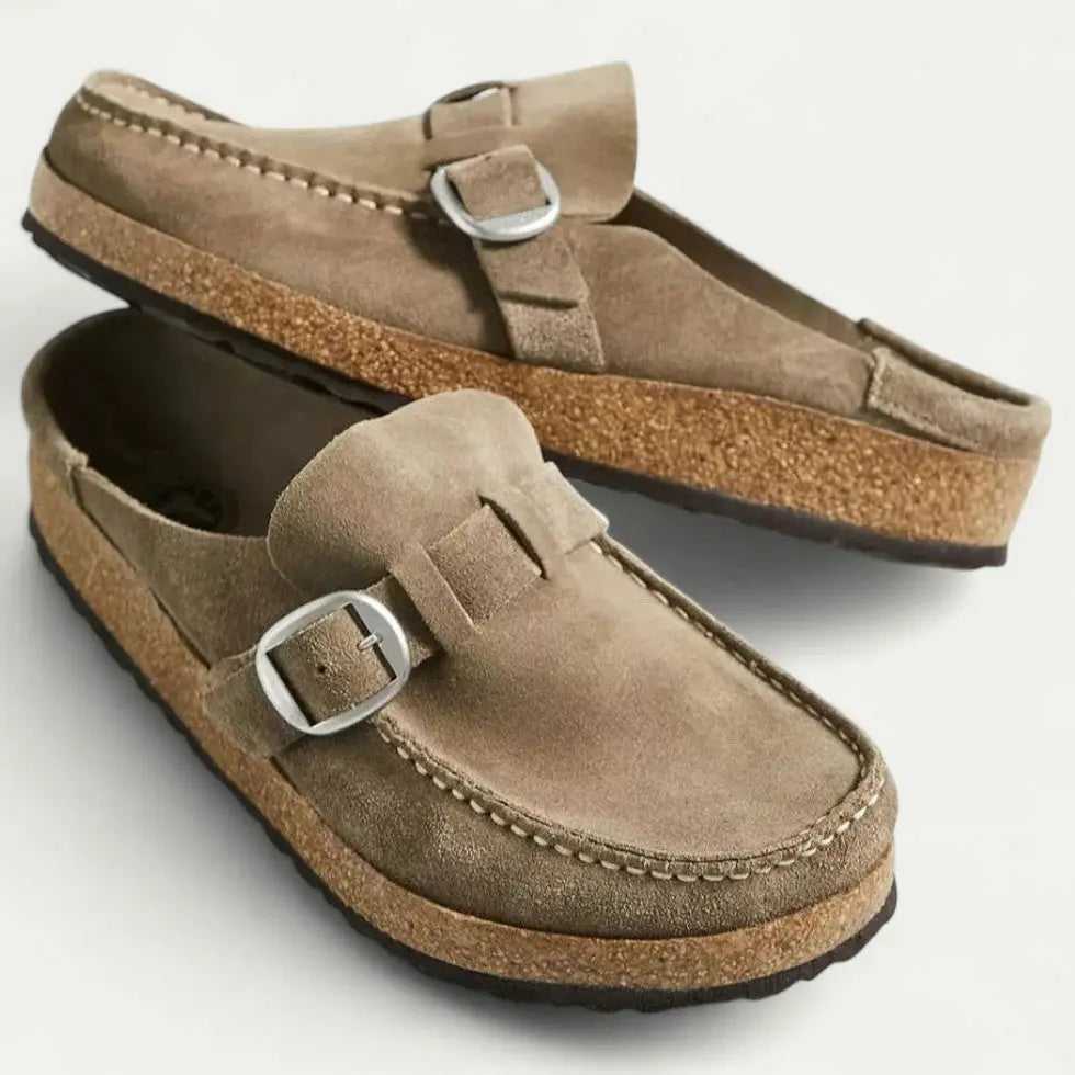 Women's Comfort Suede Mules with Buckle Detail