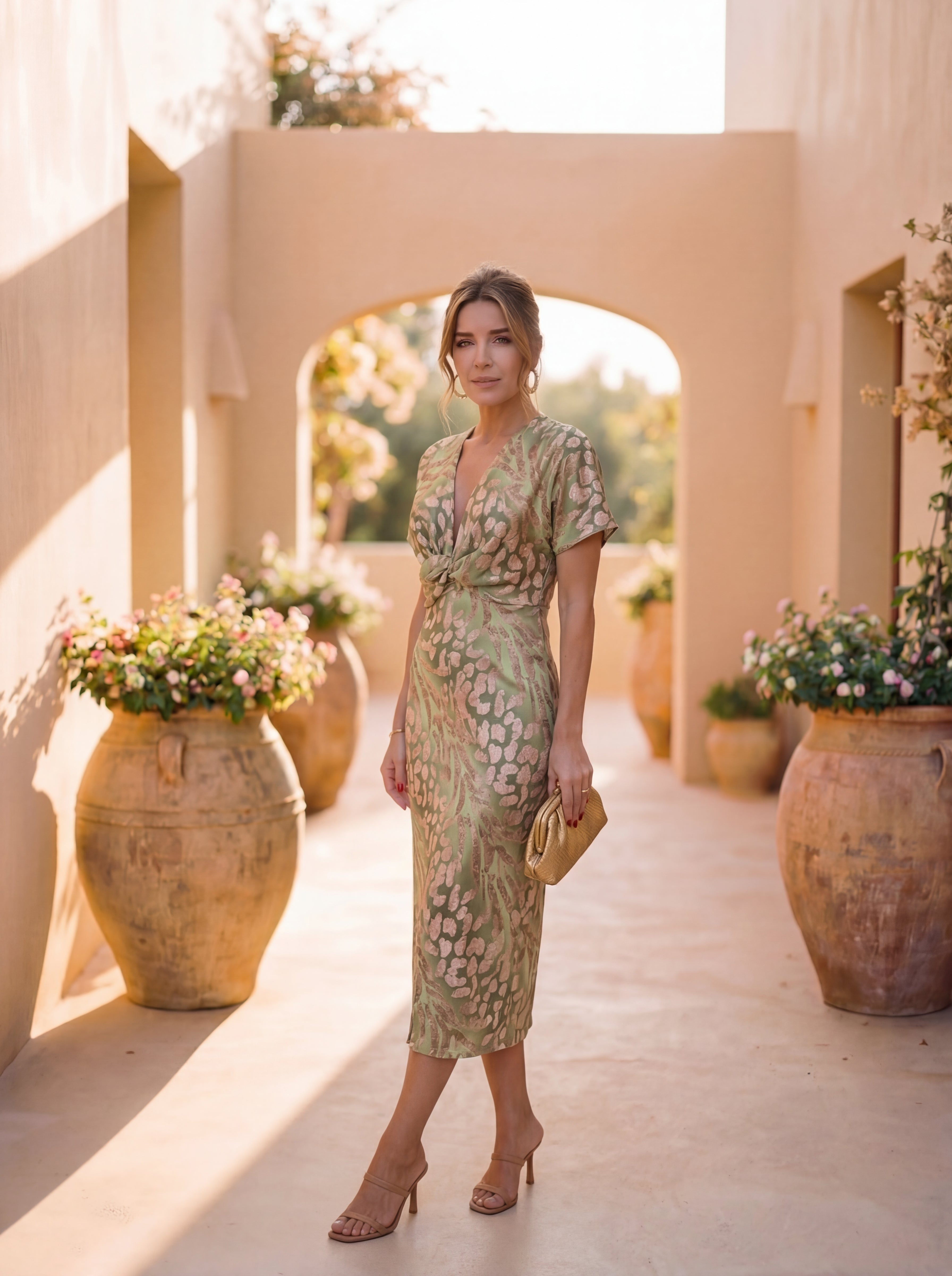 Elegant Midi Dress with Defined Waist and Twist Detail