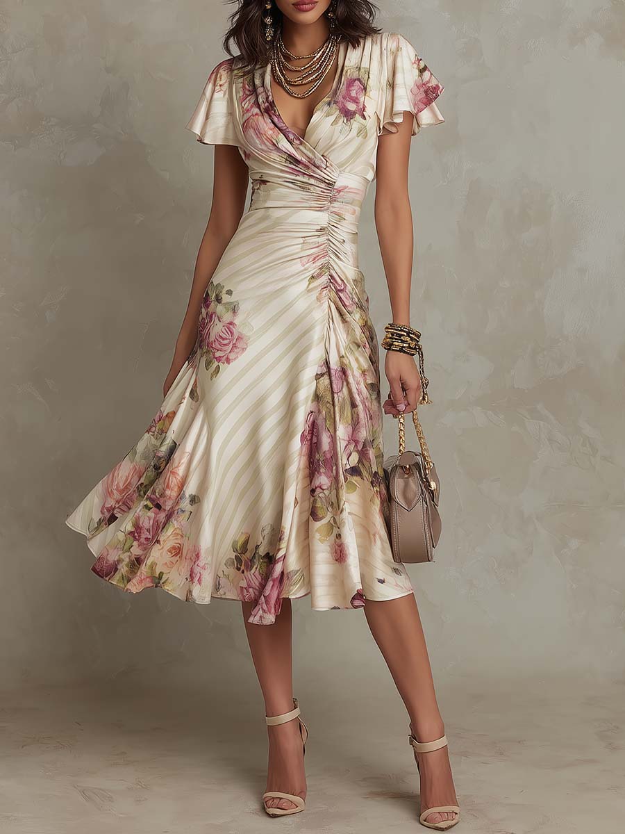 Elegant Floral Wrap Midi Dress for Timeless Feminine Style