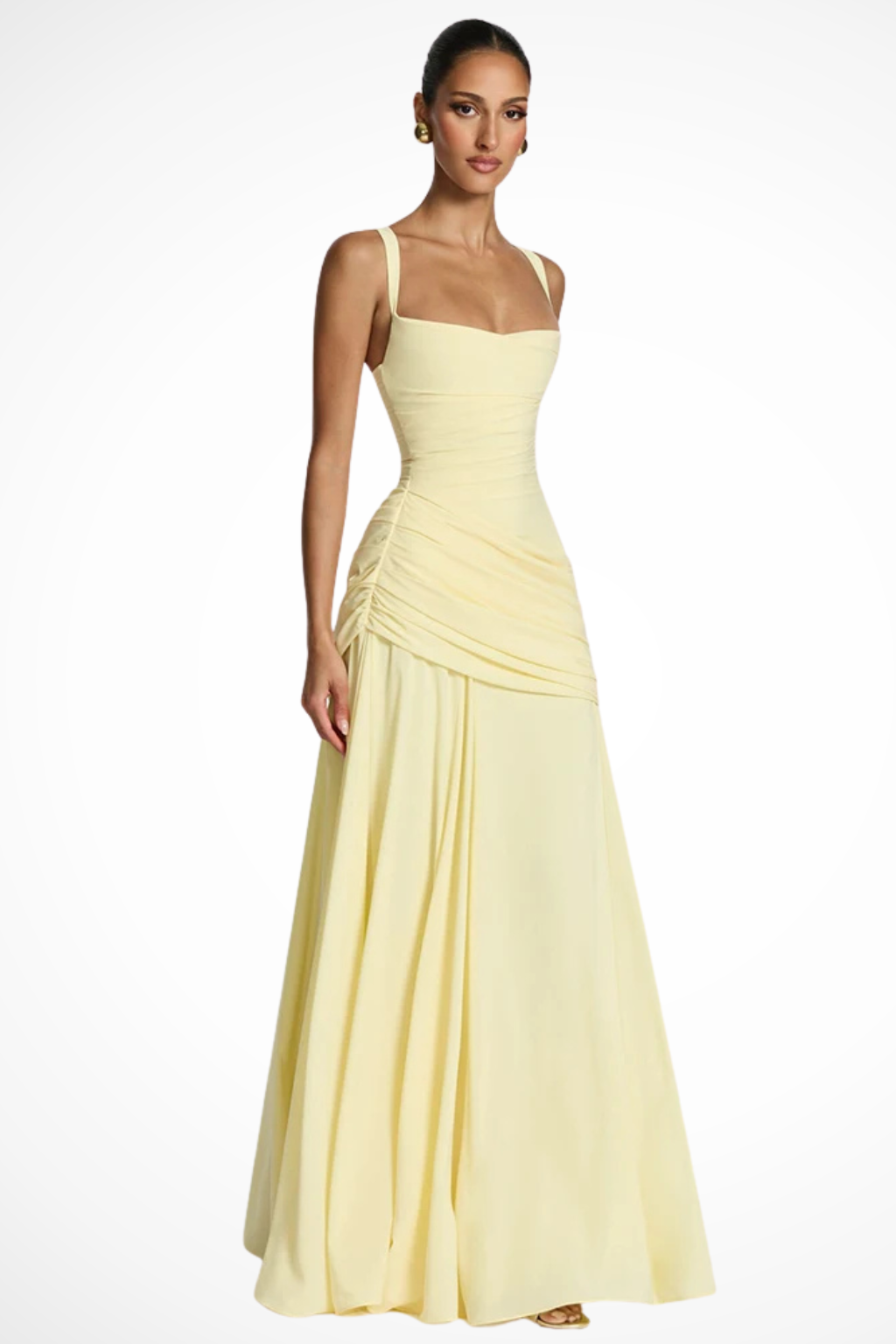 Square Neck Ruched A-Line Maxi Dress for Wedding Guests