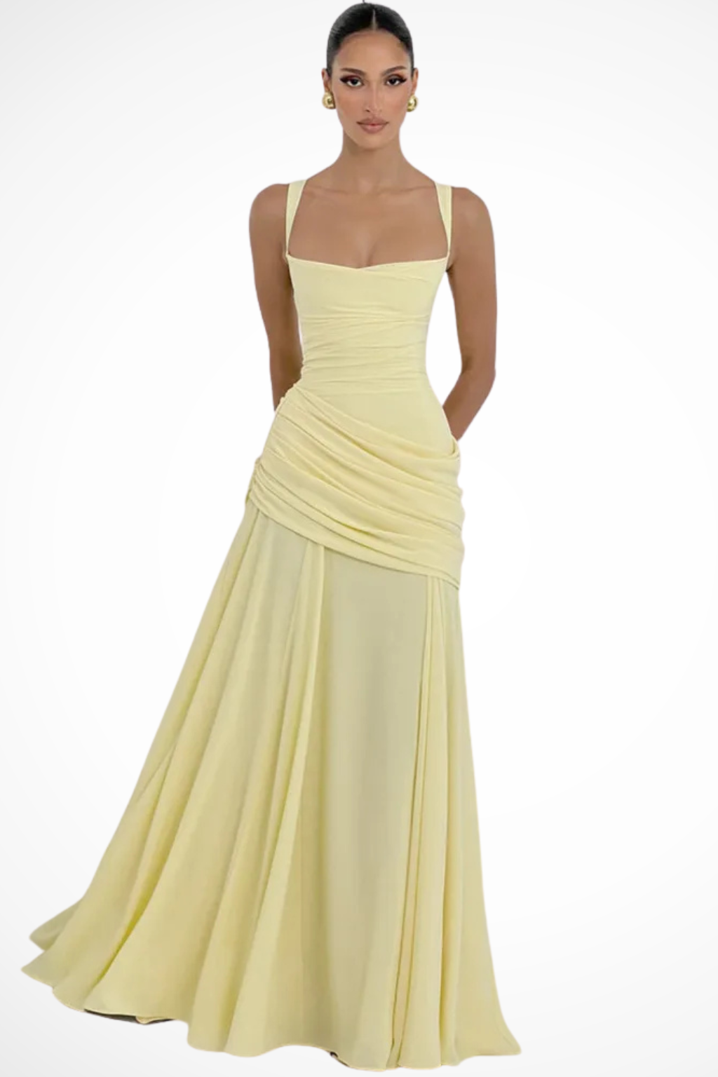 Square Neck Ruched A-Line Maxi Dress for Wedding Guests