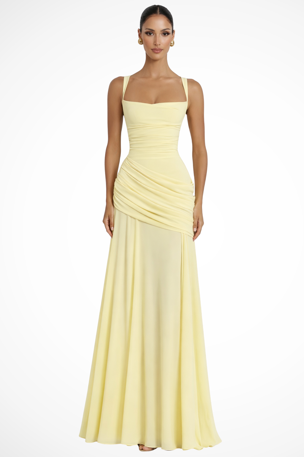 Square Neck Ruched A-Line Maxi Dress for Wedding Guests