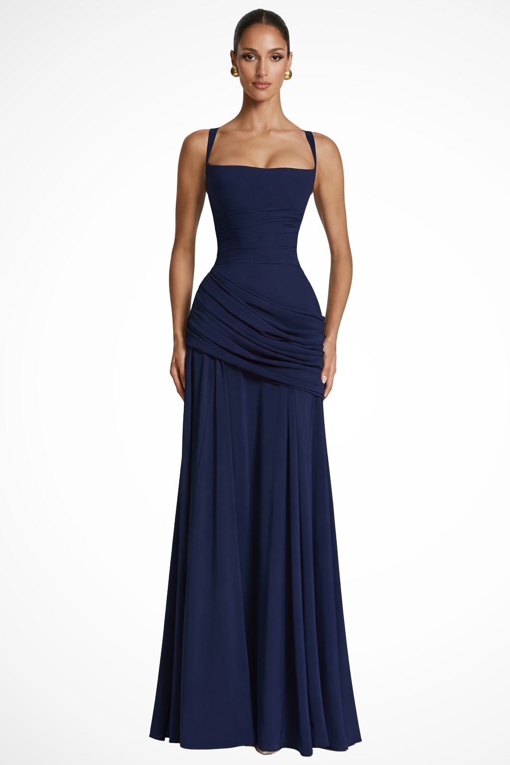 Square Neck Ruched A-Line Maxi Dress for Wedding Guests