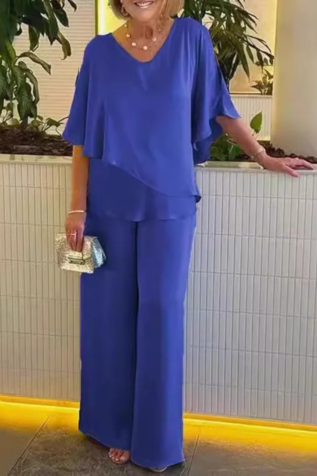 Cobalt Blue Batwing Top & Wide Leg Pants Two-Piece Set