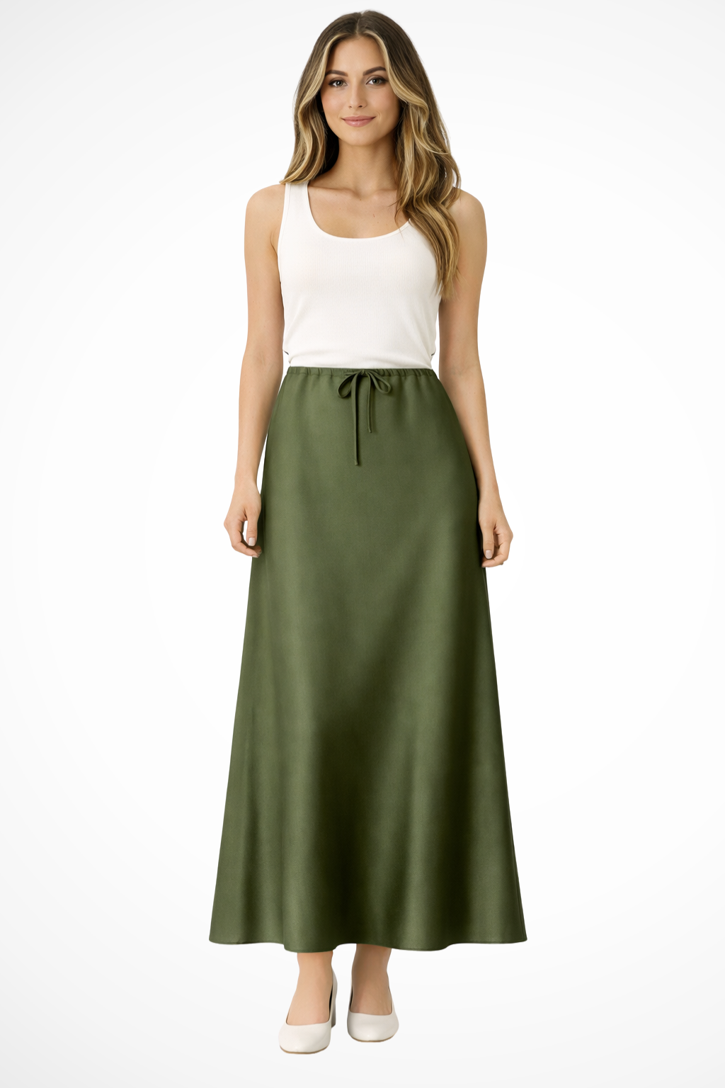 High Waist Satin Maxi Skirt with Tiered Panels – Elegant Fit